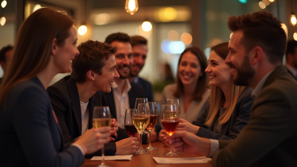 Groep professionals die staan bij een borrel event met drankjes en open lichaamstaal