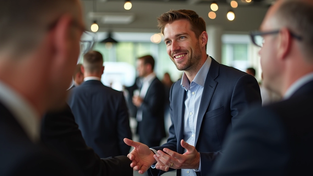 Professioneel in gesprek op een congres, open lichaamstaal, echt contact, vertrouwensvol moment