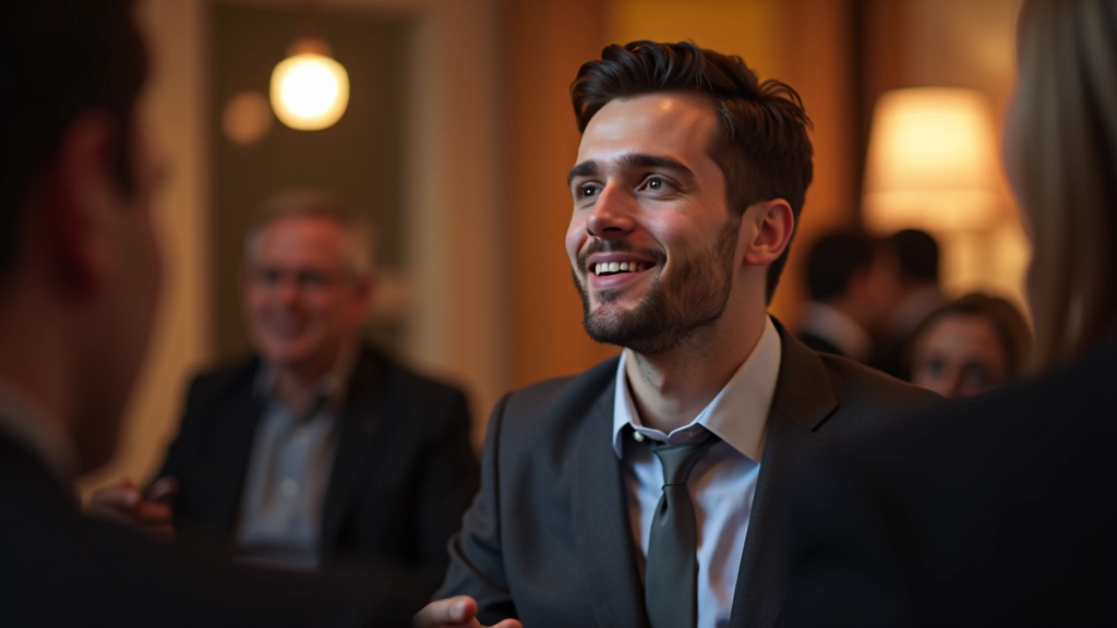 Persoon die aandachtig luistert naar iemand anders op een netwerkevenement, goed oogcontact