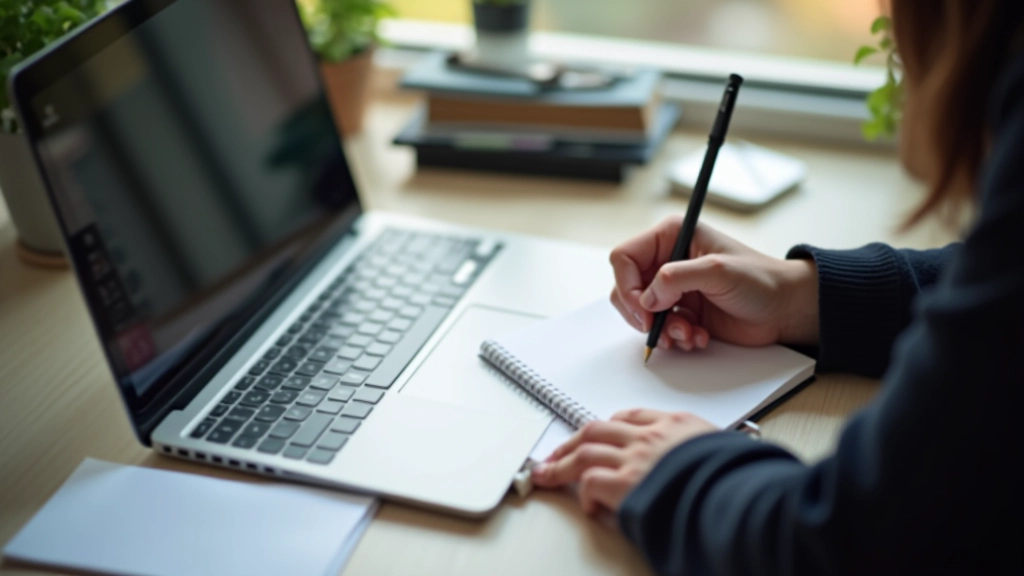 Persoon die notities maakt in een professioneel contactsysteem op een bureau met laptop