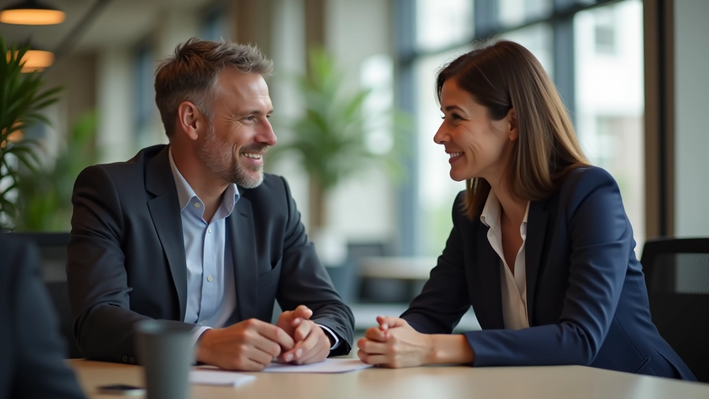 Twee professionelen die eerlijk en direct communiceren in een kantoor, vertrouwensvol gesprek, goed verlicht