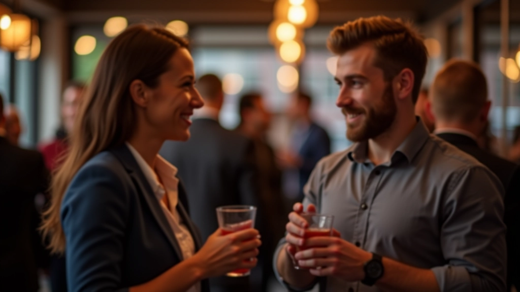 Twee professionals in gesprek op een borrel, beide met een drankje, ontspannen houding