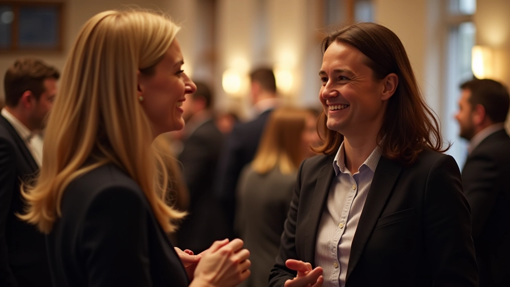 Professionele foto van twee personen in gesprek op een netwerkevenement met achtergrond vol mensen